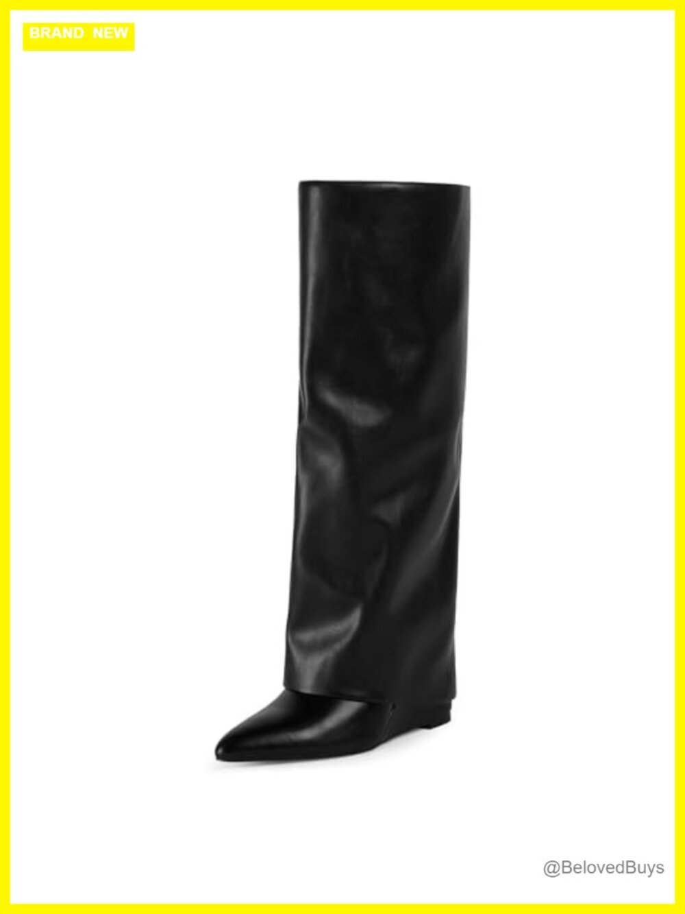Wedge Heel Fold Over Knee High Boots Pointed Toe Faux Leather